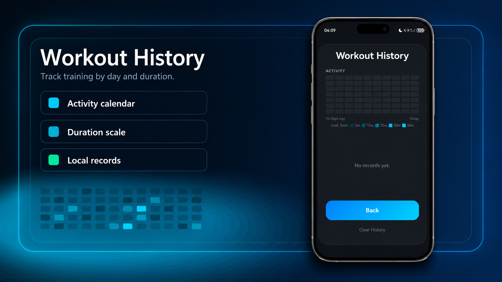 TrainCue workout history with activity calendar, duration scale, and local records