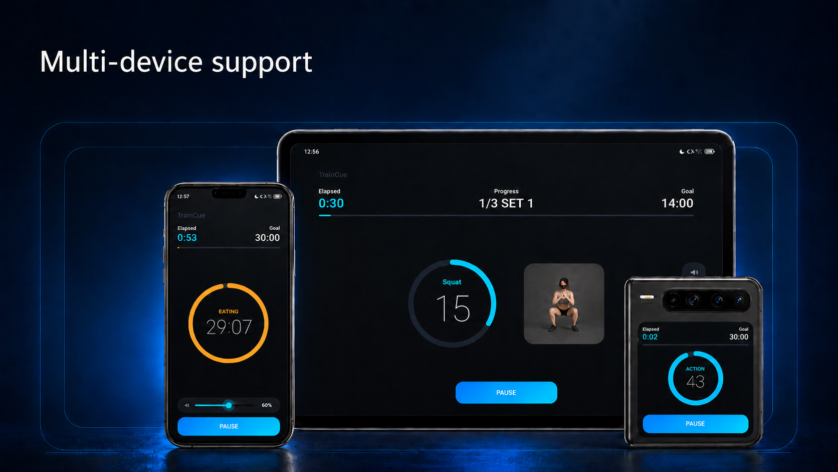 TrainCue shown across phone, tablet, and foldable device formats
