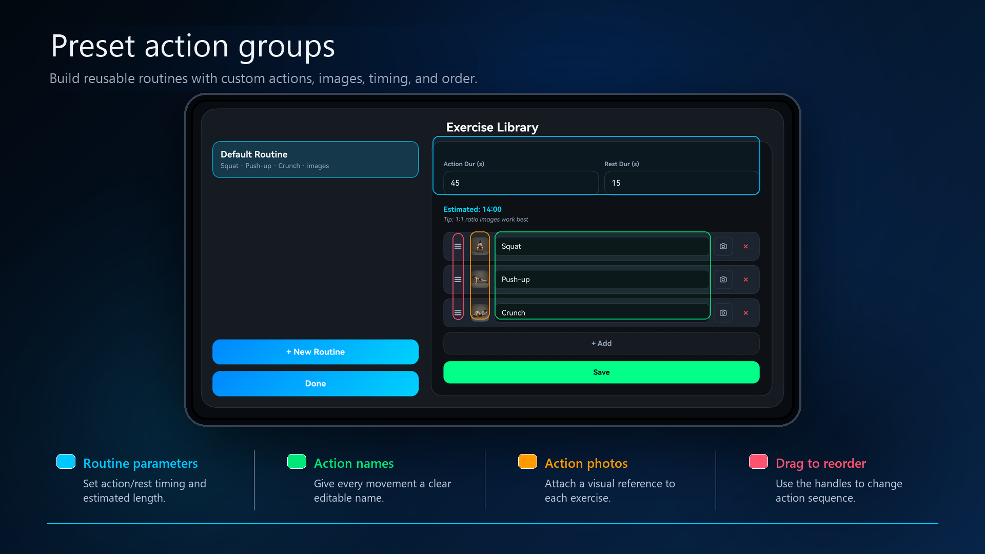 TrainCue routine editor with timing fields, movement names, photos, and reorder controls