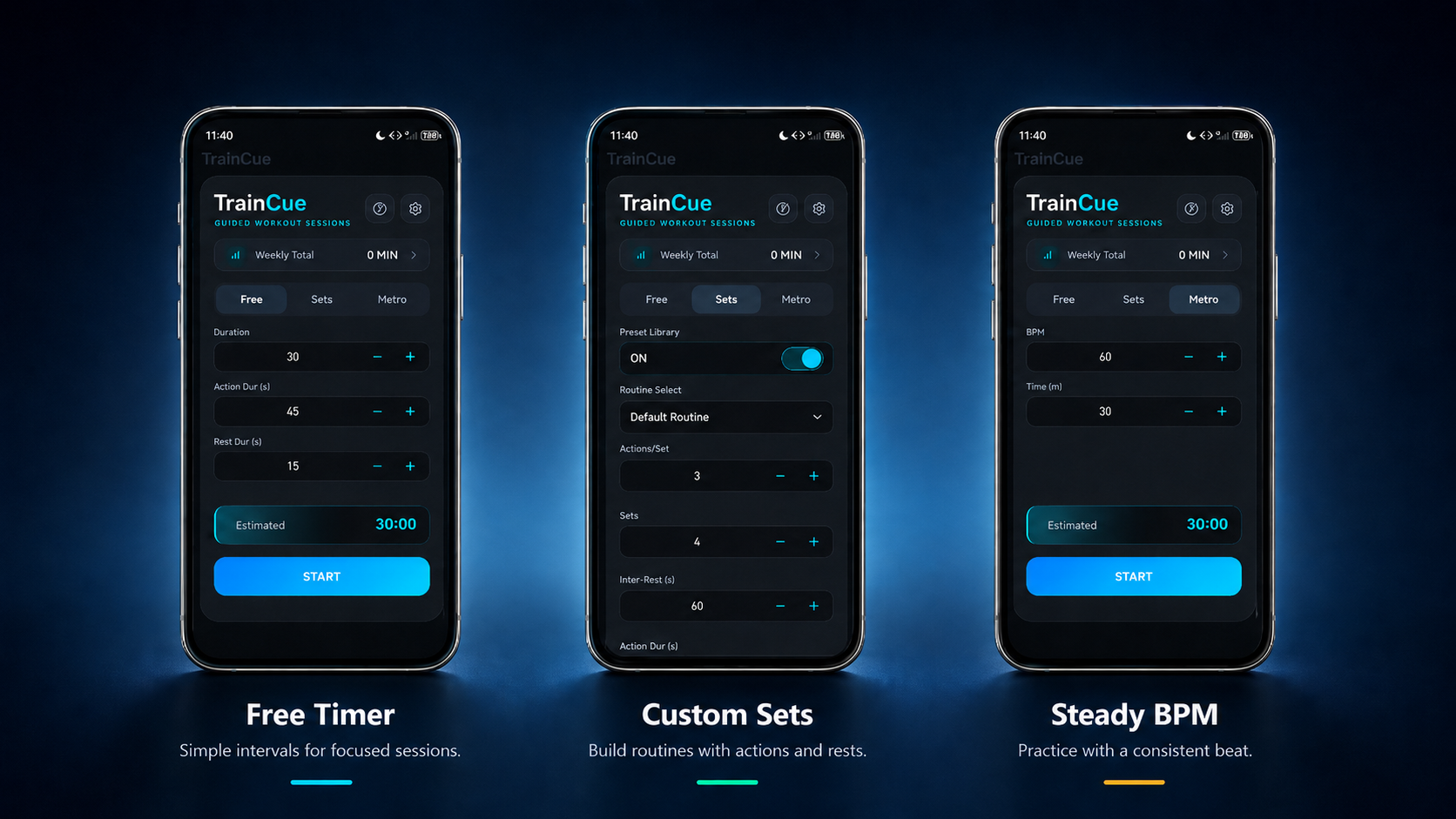 Three TrainCue training modes: free timer, custom sets, and steady BPM