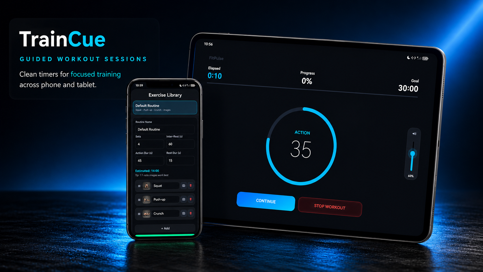 TrainCue guided workout session shown on phone and tablet